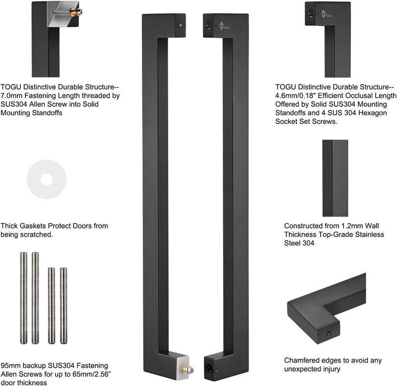 TOGU TG-6013 900mm/36 inches Square/Rectangle Shape Stainless Steel Push Pull Door Handle for Solid Wood, Timber, Glass and Steel Doors, Matt Black Finish - Image 3